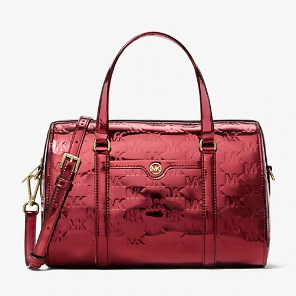 MICHAEL KORS Jet Set Medium Metallic Logo Debossed Satchel Cherry  NWT